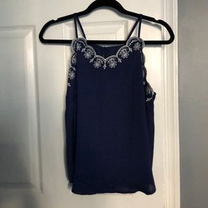 Navy with White Embroidered Flower Tank